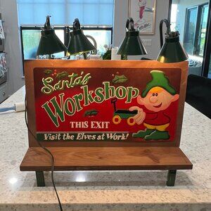 Vintage Santa's Workshop This Exit Lighted Billboard Tabletop Shelf Roadside Elf